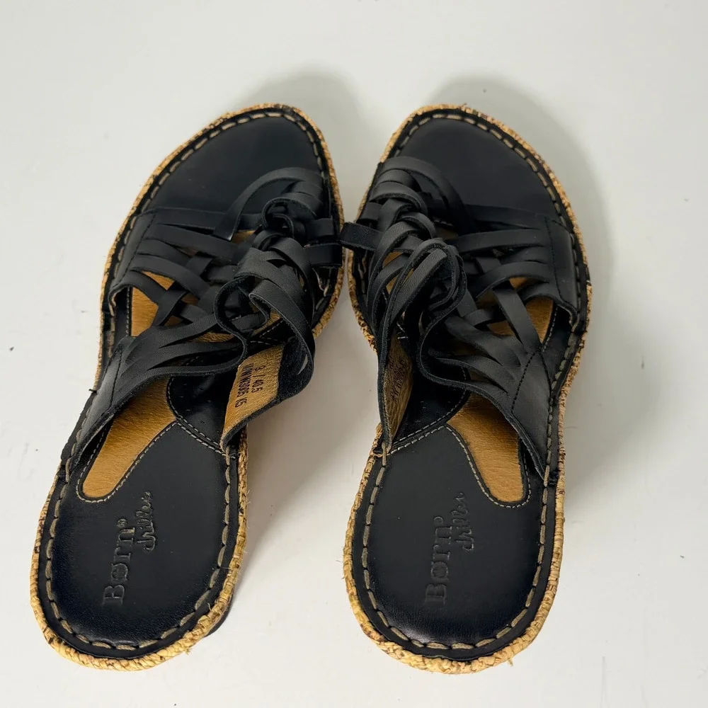 Born Drilles Woven Wedge Sandals Womens Size 9 Black Leather Raffia Boho‎